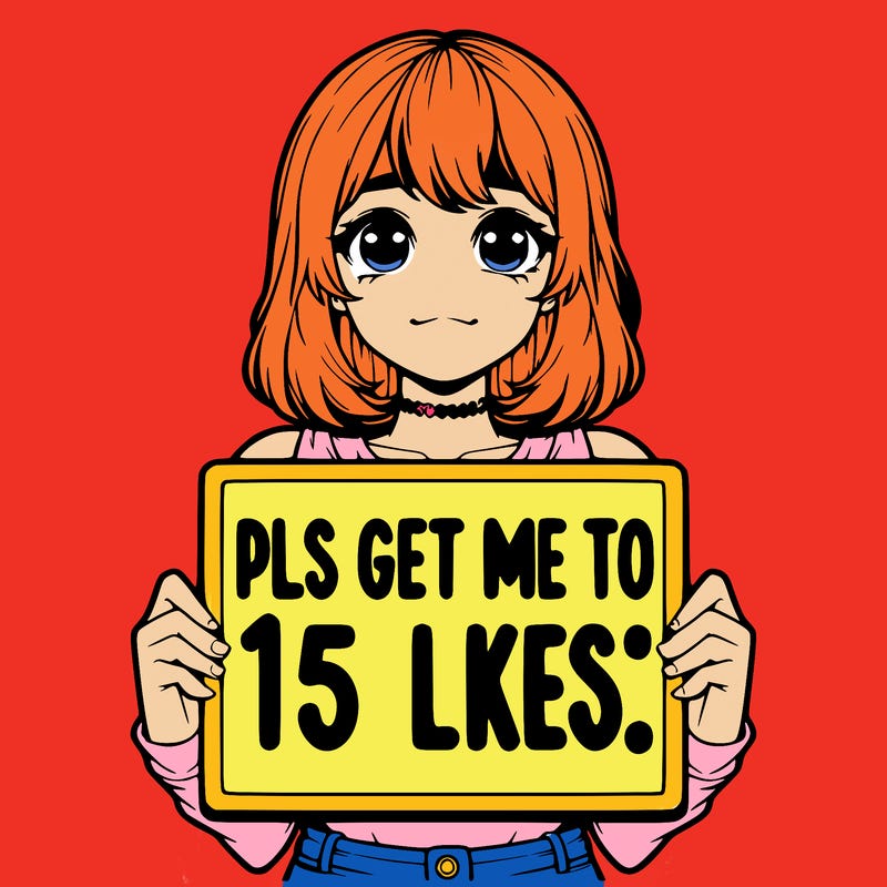 realistic girl holding up a sign that says “pls get me to 15 likes!”