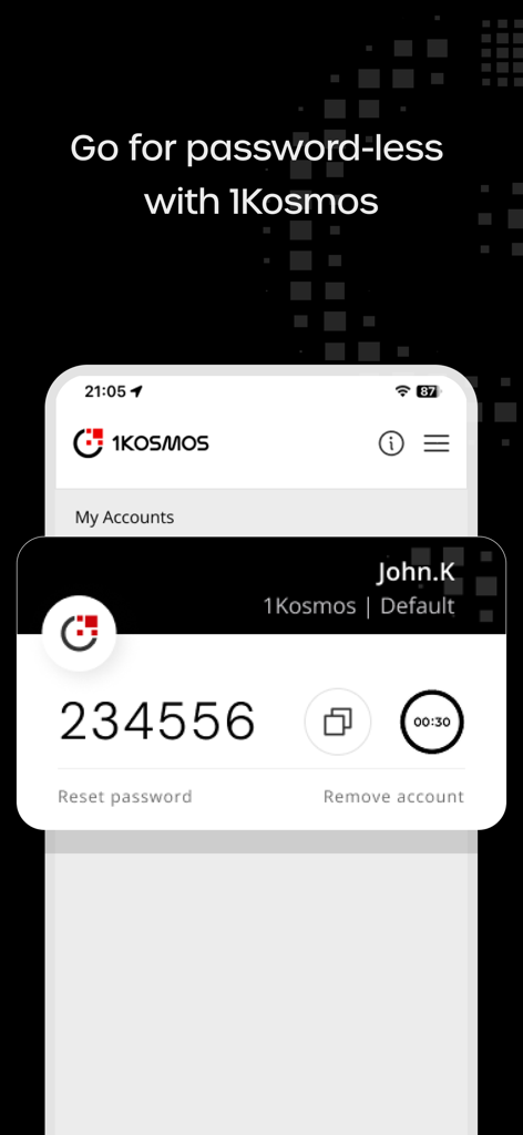 1Kosmos - The 1Kosmos app interface displaying a secure multi-factor authentication code for passwordless login.