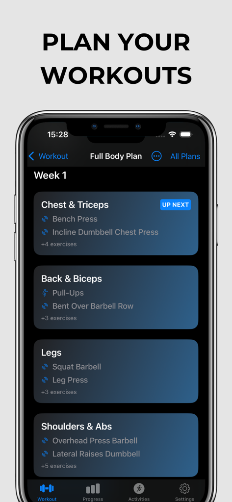 Fit Records - Workout Tracker - Interface of Fit Records app displaying a full body workout plan with exercise categories