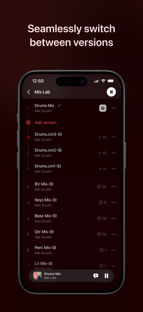 Samply - Listen & Share - Samplyアプリのインターフェース。ユーザーがオーディオトラックの複数のバージョンをシームレスに切り替えることができるミックスラボ画面が表示されている。