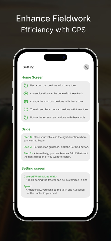 Tractor Field Navigator GPS - Settings and instructions screen for Tractor Field Navigator GPS app showing tools for field mapping and grid setup.