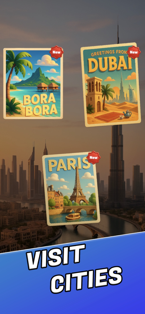 Word Slide Puzzle Vacation - Travel postcards for Bora Bora Dubai and Paris highlighting new cities to visit in the word puzzle game