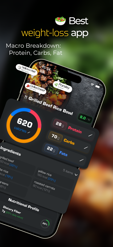 Food AI - Calorie Tracker - Food AI app interface showing a grilled beef rice bowl with calorie counts and macro breakdown for protein carbs and fats