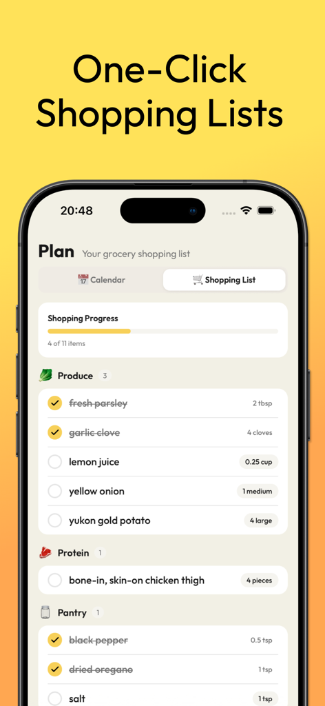 Smartphone screen showing the Dashi app shopping list feature with ingredients categorized by produce protein and pantry