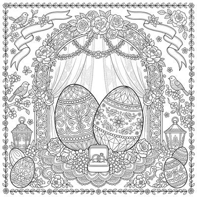 Celebrate love and spring with this enchanting Gilded Easter Eggs Wedding coloring page, blending intricate floral arches and symbolic wedding rings. Discover a beautifully detailed scene perfect for adult and teen colorists seeking a unique and romantic challenge.