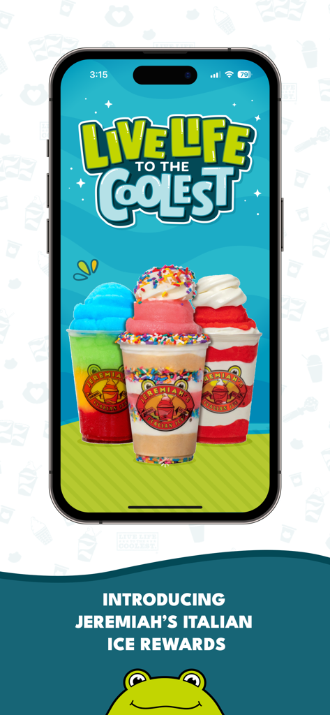 iPhone displaying the Jeremiah's Italian Ice Rewards app with colorful layered frozen treats and the slogan Live Life to the Coolest