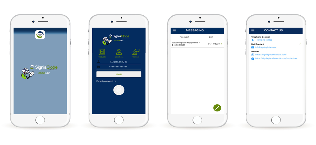 SigniaGlobe Financial Mobile - A series of mobile app screenshots for SigniaGlobe Financial including the login screen and messaging interface