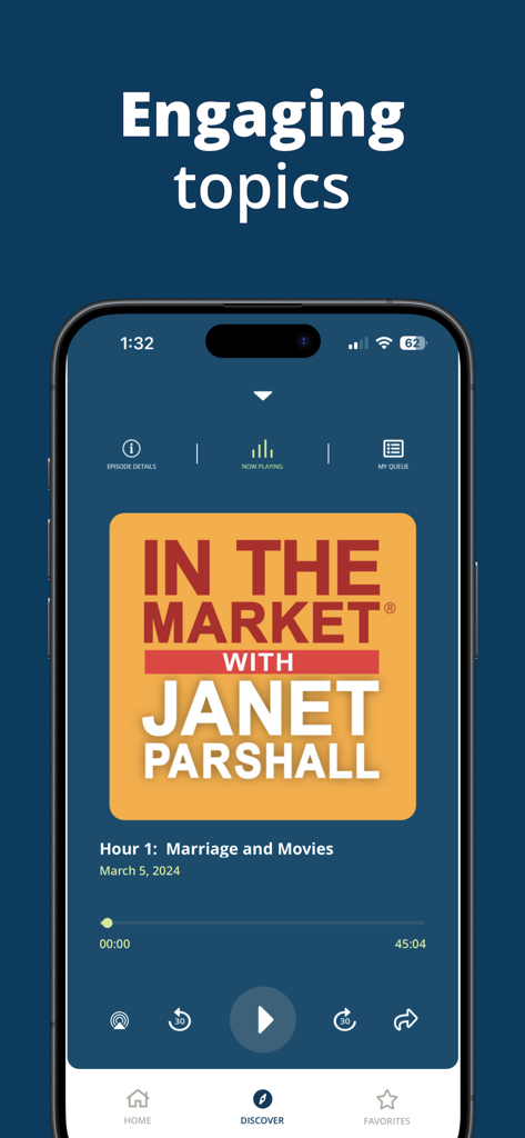 Moody Radio mobile app playing a Janet Parshall podcast episode
