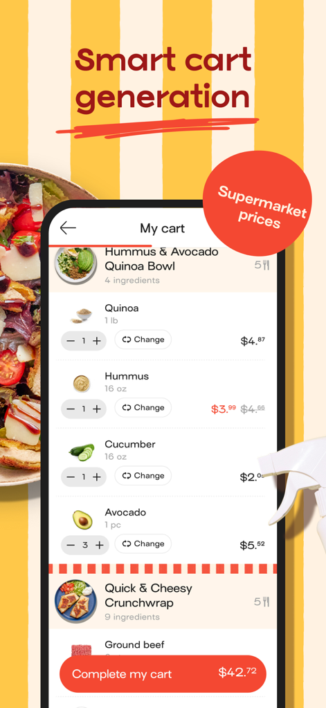 Jow - easy recipes & groceries - The Jow app interface showing a generated grocery cart with specific ingredients for recipes and their prices