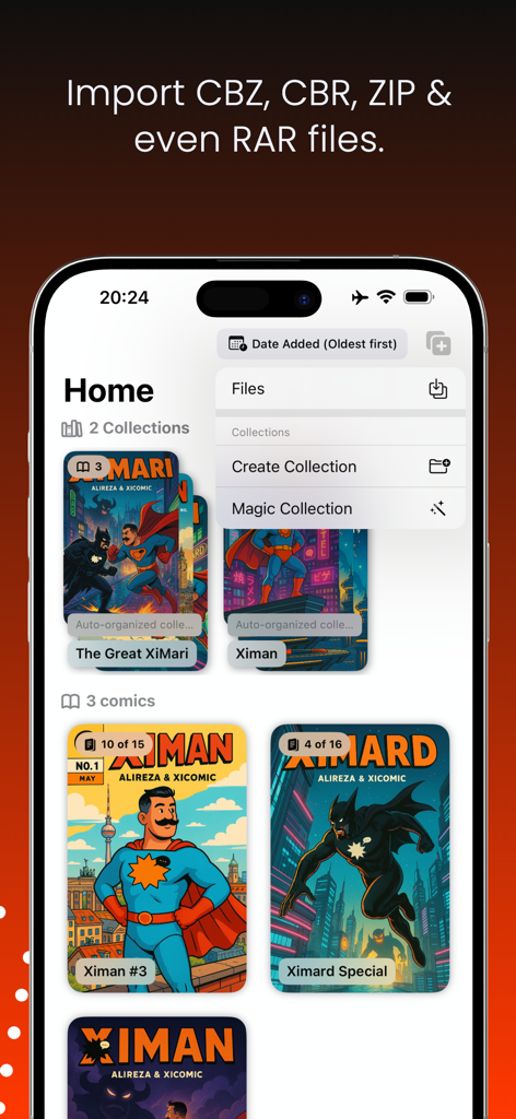 xiComic - Comic & Manga Reader - xiComic home screen showing the file import menu and organized comic library