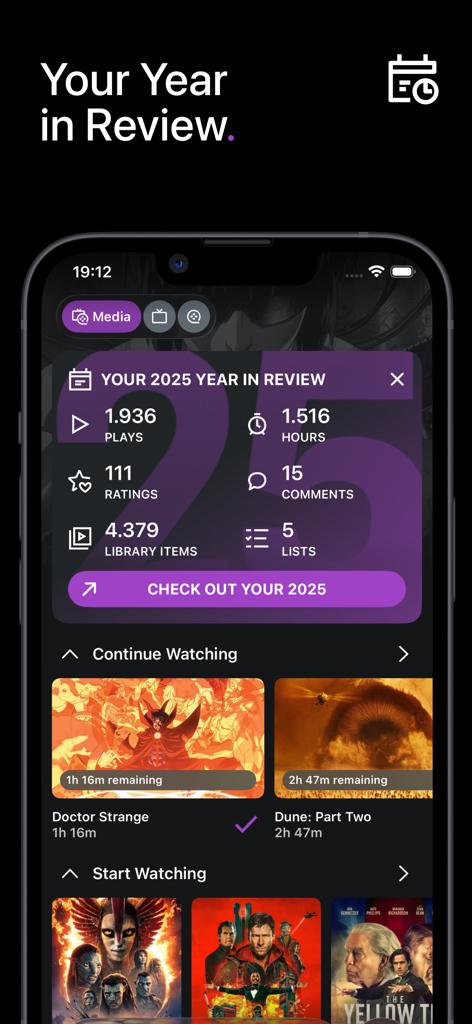 trakt.TV Shows & Movies - App mobile Trakt TV che mostra statistiche di visione personalizzate per il 2025 e suggerimenti per continuare a guardare
