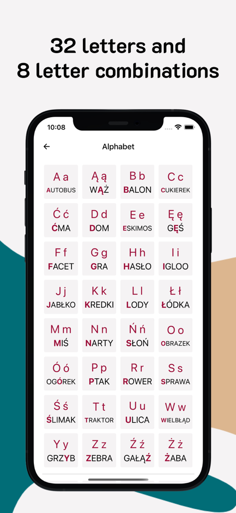 Smartphone screen showing the 32 letters of the Polish alphabet with example words and pictures.