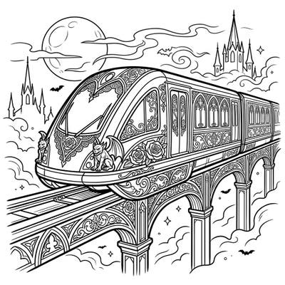 Discover an extraordinary blend of futuristic travel and ancient mystery with this captivating Gothic Maglev Train coloring page. Immerse yourself in a world of ornate details, spooky landscapes, and high-speed elegance waiting for your creative touch.