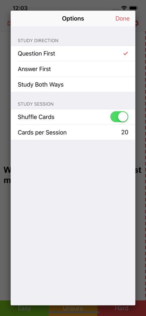Flashcard Hero - Ein Menü in Flashcard Hero, das die Lernrichtung und Sitzungseinstellungen wie das Mischen von Karten anzeigt