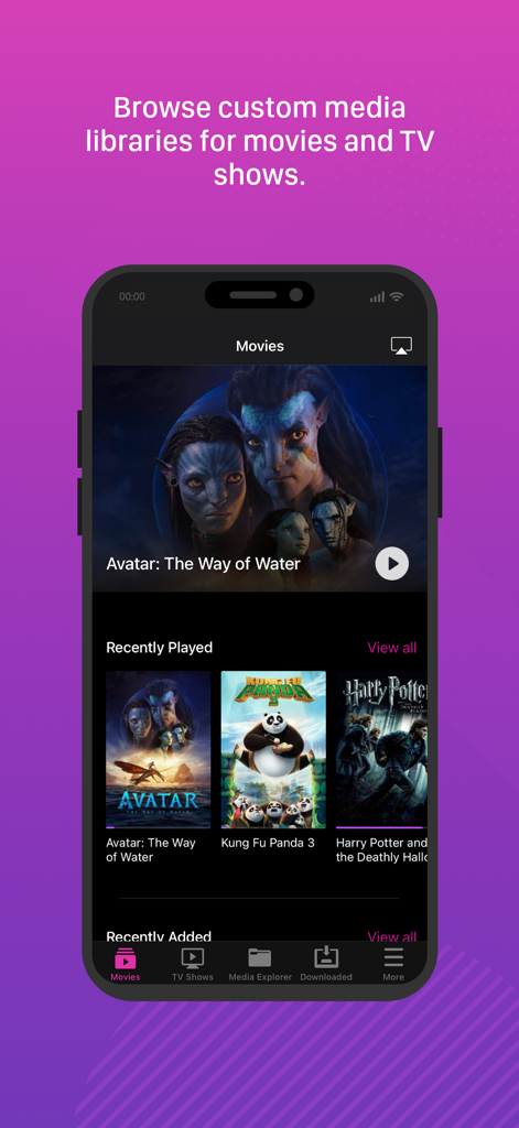 AiVideos - ASUSTOR NAS - AiVideos app showing a movie library on an iPhone with sections for movies and recently played films