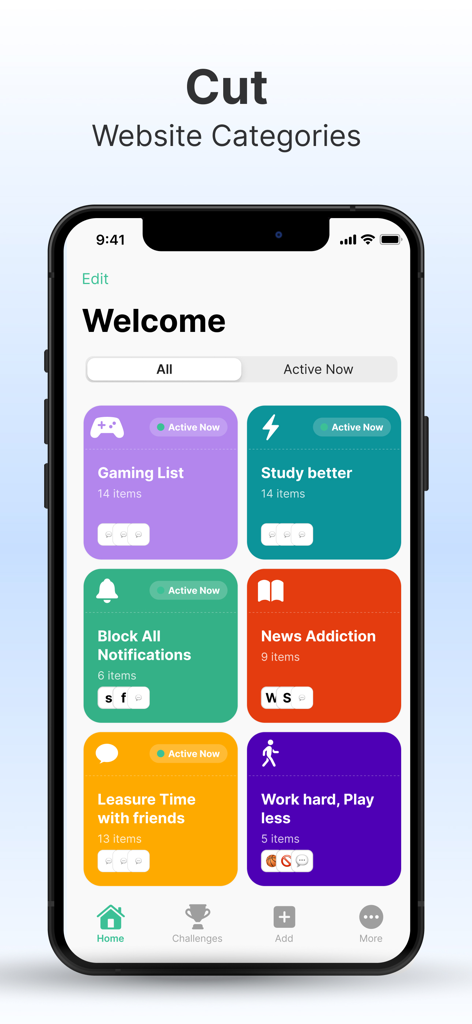 BlockSite app dashboard showing multiple focus categories for blocking gaming and news websites