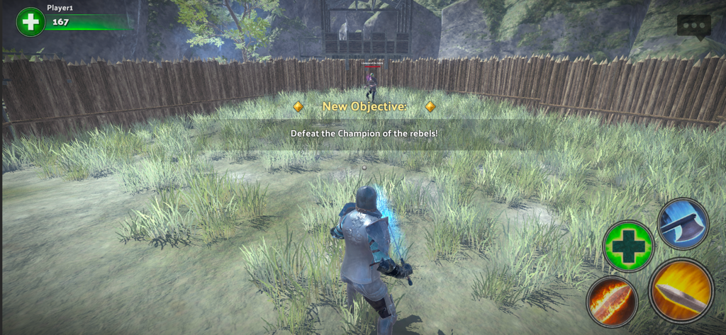 Knights of Glory : Online - A knight in silver armor prepares to battle a rebel champion in a 3D medieval arena