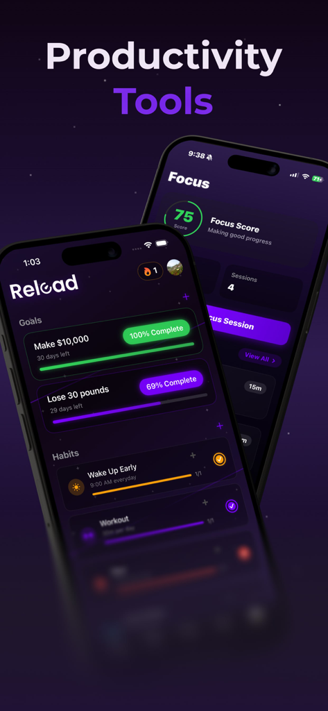 Reload: Reset Life & Lock In - Reload app interface displaying goal tracking and focus score dashboard