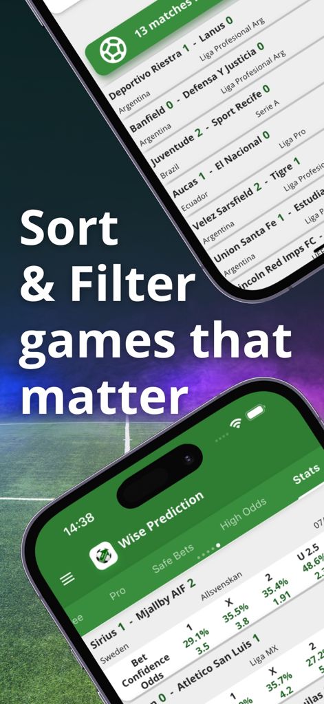 Smartphone-Bildschirme, die Fußball-Wettquoten und sortierte Spiellisten in der Wise Prediction App anzeigen