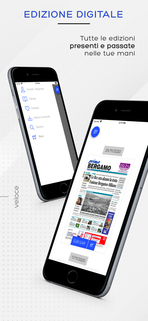 prima Bergamo - Digital edition of the prima Bergamo newspaper shown on smartphone screens with a side navigation menu.