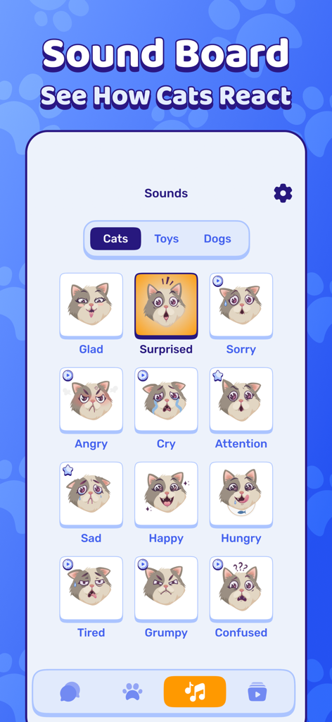 Peppy Cat: Game For Cats - ペットインタラクション用のさまざまな猫の感情アイコンとサウンドを備えたPeppy Catアプリのサウンドボードインターフェイス