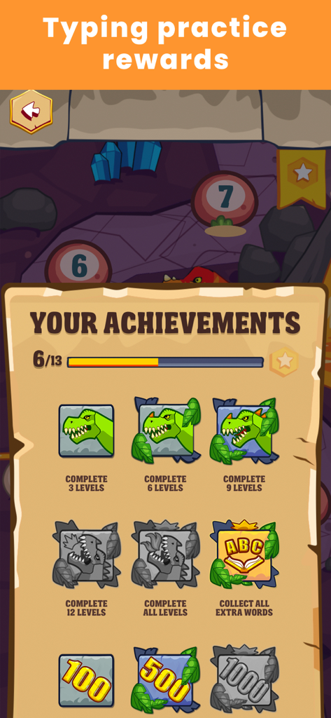 Your Achievements screen in the Typing Practice Dino Hunting app showing dinosaur badges and a progress bar for completed levels.