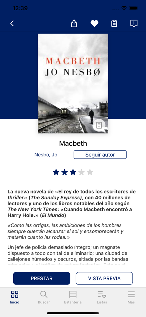 eBiblio DaCoruna - Interfaz de la app eBiblio DaCoruna mostrando los detalles del libro Macbeth de Jo Nesbo con botones de préstamo y vista previa