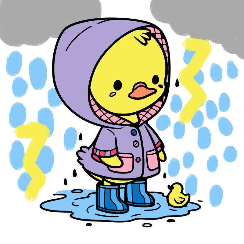 baby duck in a rain coat and boots, in a puddle while it’s raining