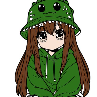 girl with anime shaped eyes with a dinosaur bucket hat oversized sweatshirt long straight hair