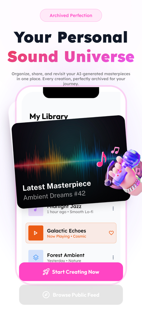 Music Maker AI Songs: InsMelo - Interfaz de aplicación móvil que muestra una biblioteca de pistas de música generadas por IA en InsMelo