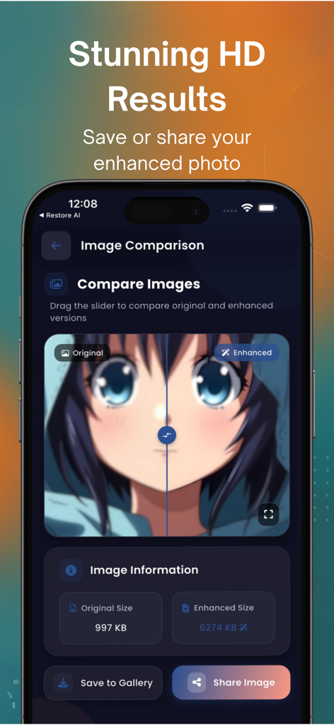 Comparación de imagen de anime original y mejorada en la aplicación Mejora IA.