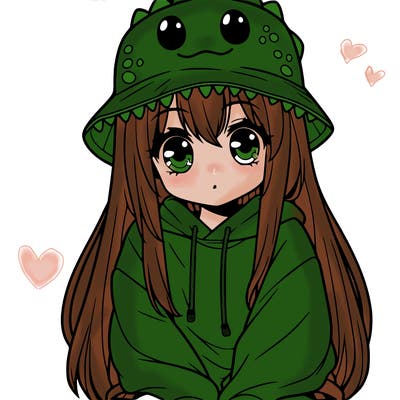 girl with anime shaped eyes with a dinosaur bucket hat oversized sweatshirt long straight hair