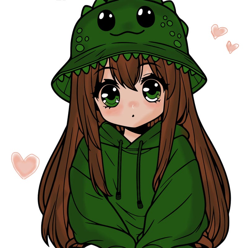 girl with anime shaped eyes with a dinosaur bucket hat oversized sweatshirt long straight hair