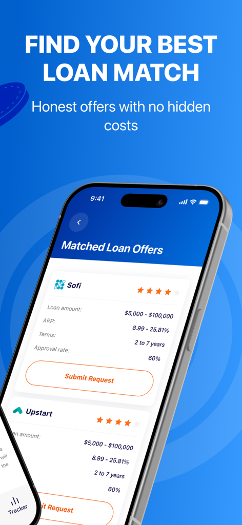Nobleキャッシュアドバンスアプリ内で、SofiやUpstartなどの貸付業者からのローンオファーがマッチングされたスマートフォンを表示