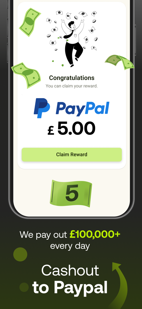 Five Surveysのモバイルアプリ画面、PayPalへの現金化というテキストとともに、請求可能な5ポンドのPayPal報酬を表示