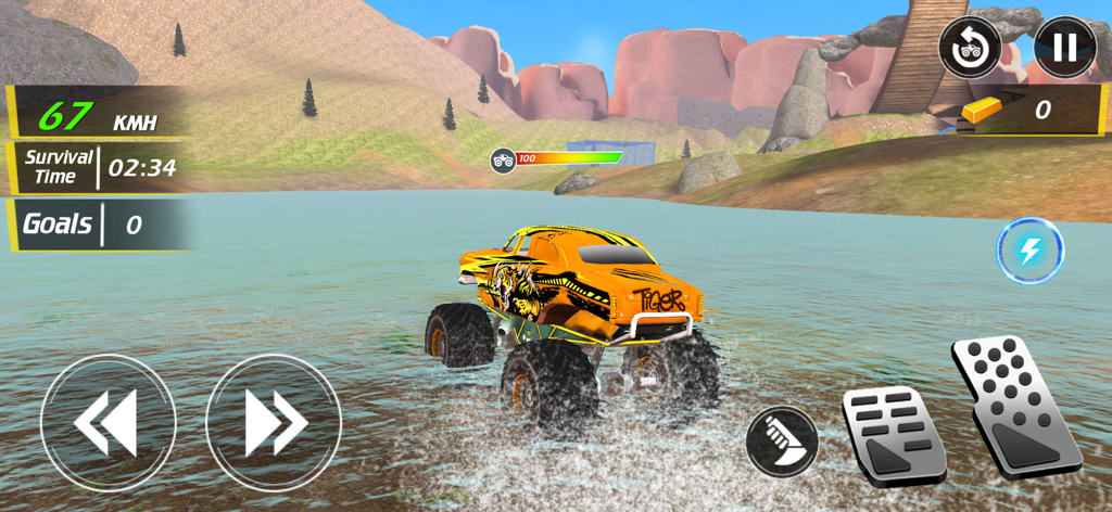 Monster Truck Stunt Games - Un monster truck orange traversant de l'eau dans un environnement de jeu de course 3D