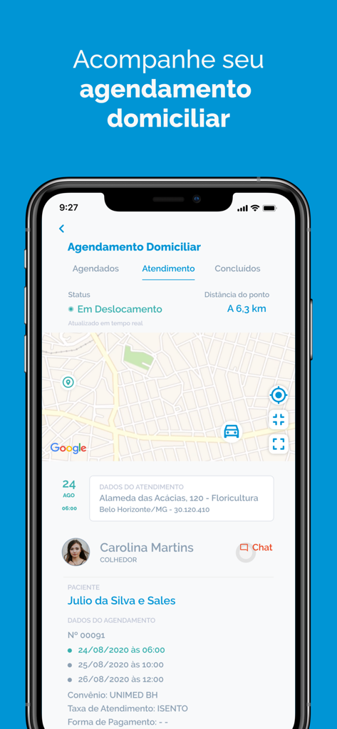 Laboratório - Paulo Azevedo - Pantalla de la aplicación móvil que muestra el seguimiento en tiempo real por mapa de una cita de laboratorio de atención médica a domicilio.