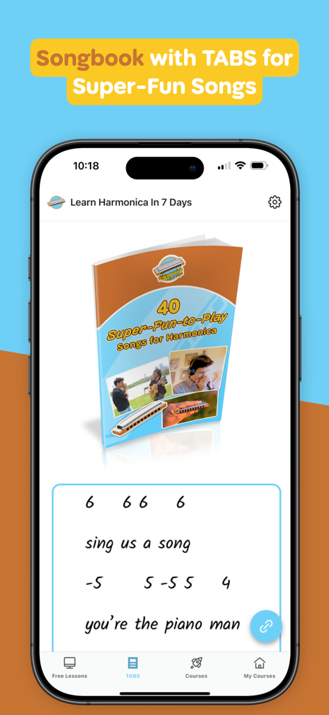 Learn Harmonica In 7 Days - A screen from the Learn Harmonica In 7 Days app showing harmonica tabs for the song Piano Man