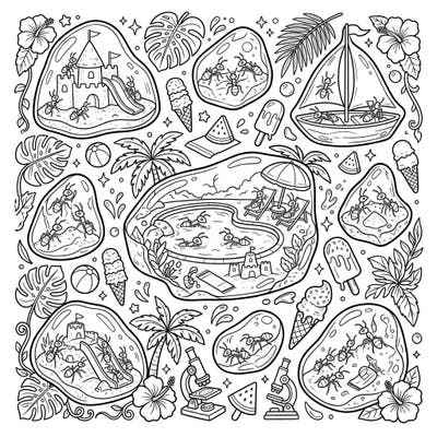 Explore a whimsical world where prehistoric amber ants are enjoying a lively summer vacation. This unique coloring page brings together science and fun with ants building sandcastles, swimming, and relaxing by the pool.