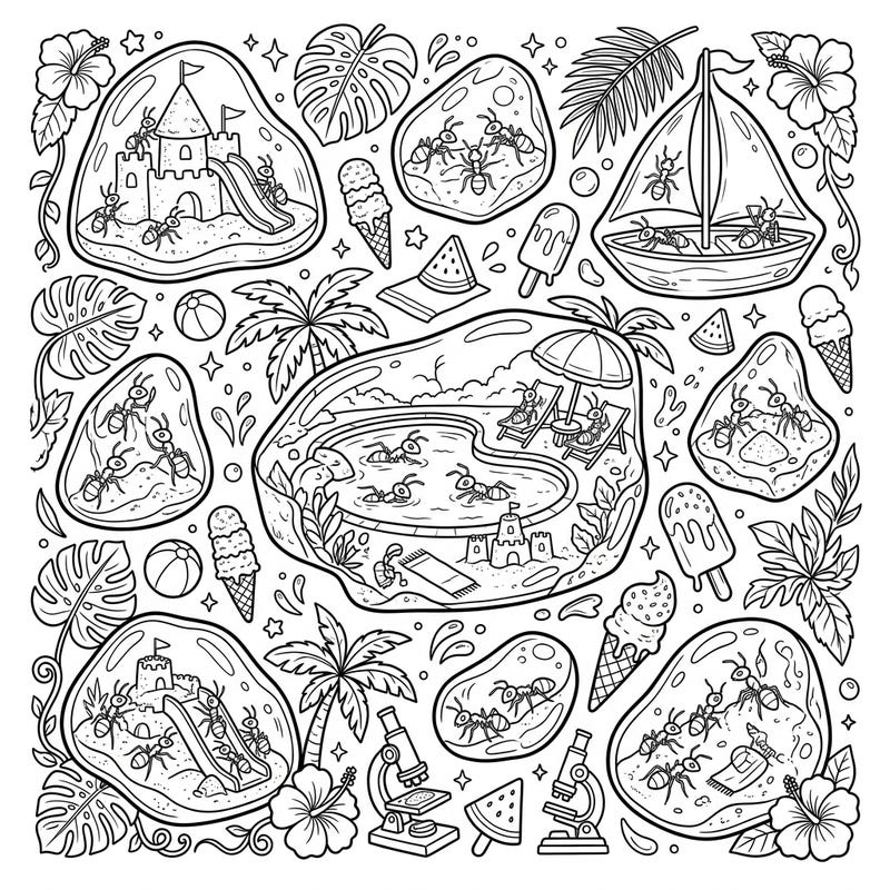 Explore a whimsical world where prehistoric amber ants are enjoying a lively summer vacation. This unique coloring page brings together science and fun with ants building sandcastles, swimming, and relaxing by the pool.