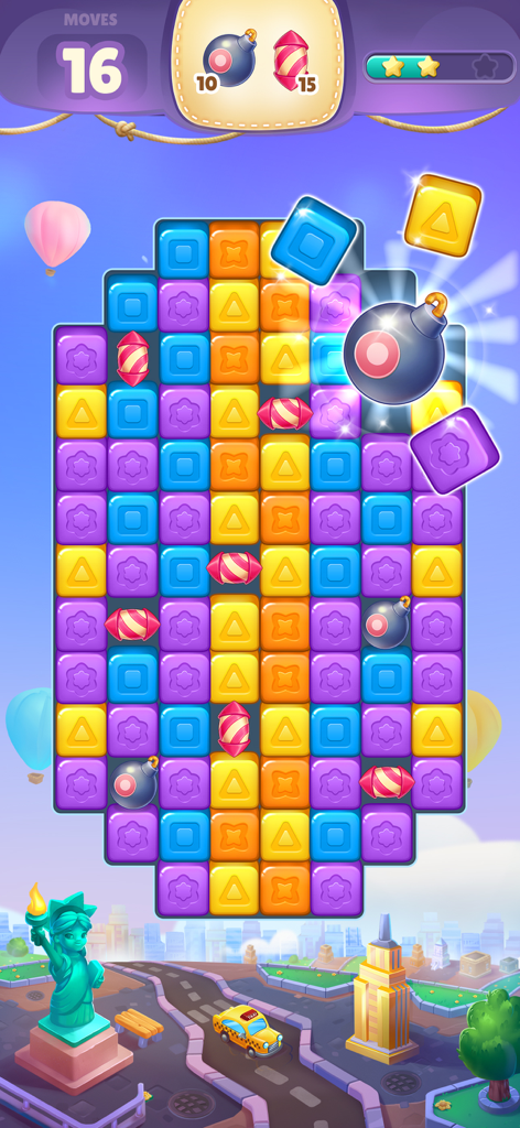 Cube Rush Adventure - Um nível de quebra-cabeça colorido Tap 2 no Cube Rush Adventure mostrando jogabilidade de combinar blocos e impulsionadores explosivos