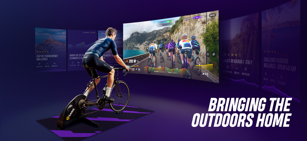 A man using the ROUVY app on a smart trainer with immersive real world cycling routes on a screen