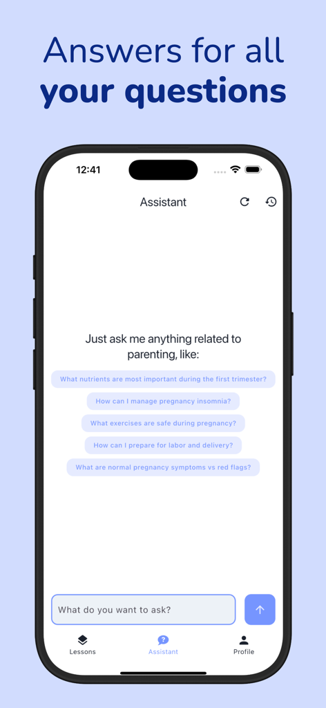 Parenting Leader: Parent Guide - Interfaz del asistente de IA en la aplicación Líder en Crianza mostrando preguntas sugeridas sobre crianza y embarazo