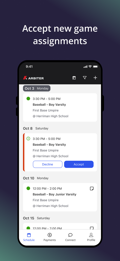 Interface de l'application Arbiter pour les officiels sportifs afin de gérer et d'accepter les affectations de matchs.