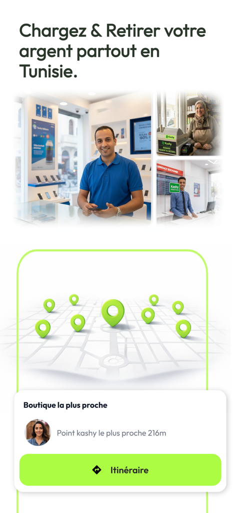 Kashy - Interface do aplicativo Kashy mostrando um mapa de pontos de serviço na Tunísia para saques e depósitos de dinheiro