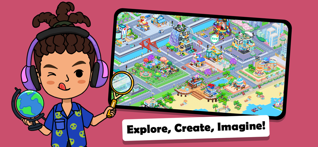 A cartoon character with headphones holding a globe and magnifying glass next to a digital city map on a tablet with the slogan Explore Create Imagine.