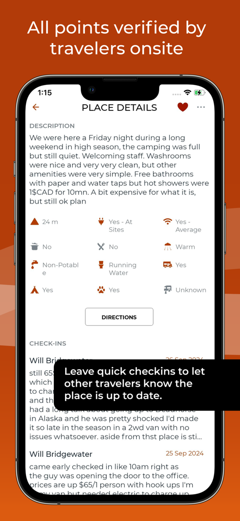 iOverlander 2 app interface showing campsite amenities and traveler checkins