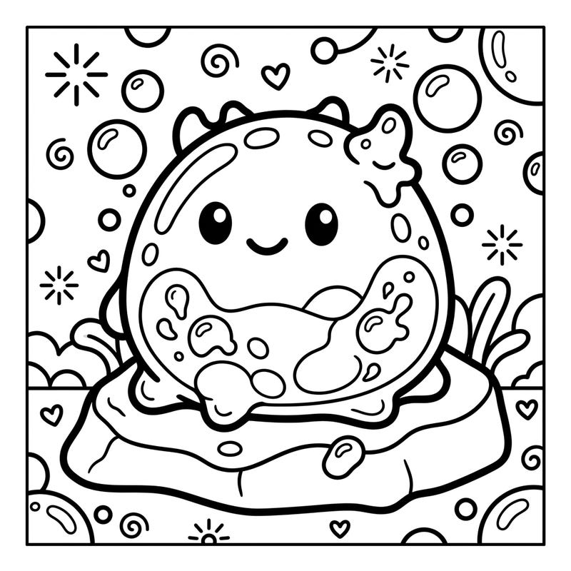 Unleash your child's creativity with this adorable Kawaii Acid Slime coloring page, featuring a friendly goo creature. Designed for kids aged 4-8, it offers thick outlines and a delightful background full of playful details.