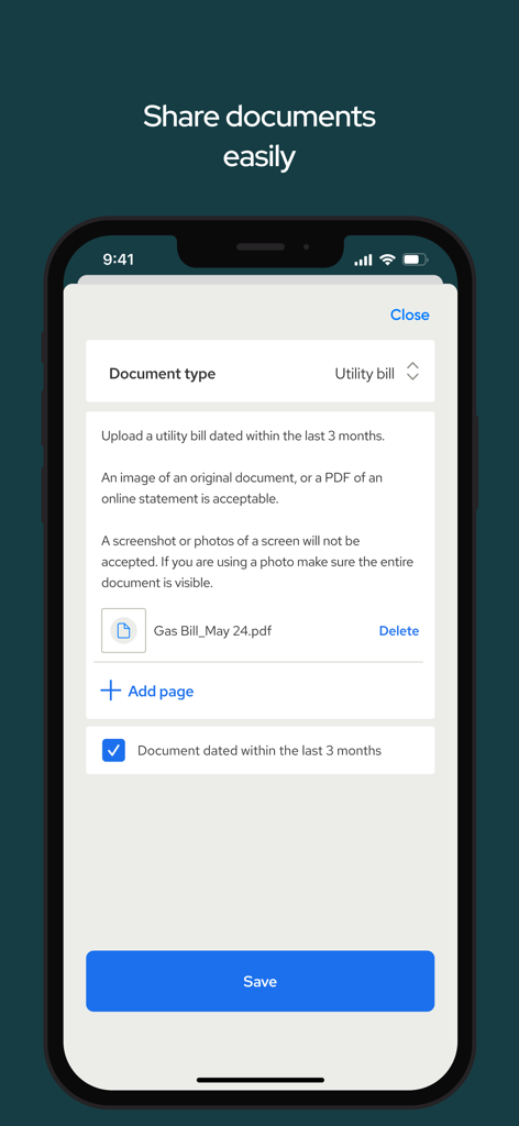 Thirdfort - Interfaccia dell'app Thirdfort che mostra il processo di caricamento di una bolletta per la condivisione sicura dei documenti.