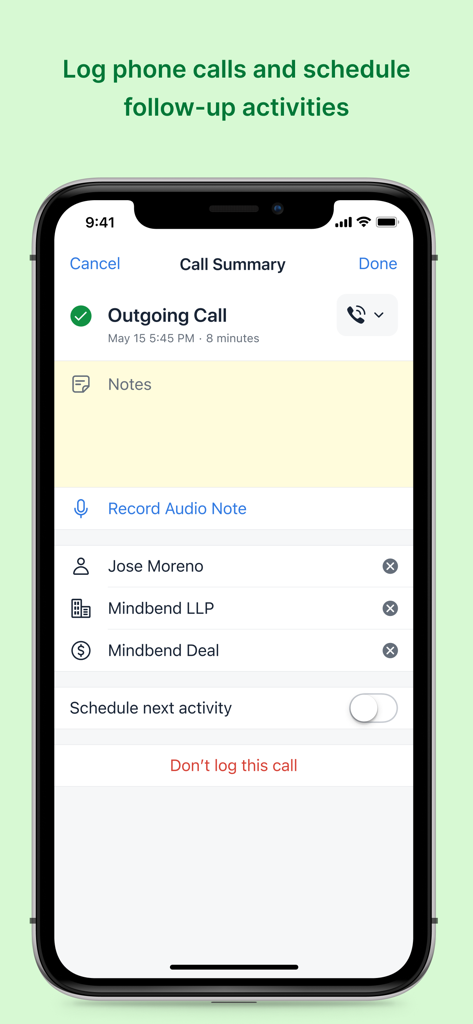CRM sales tracker by Pipedrive - Pipedrive CRM call summary screen for logging outgoing calls and scheduling follow up activities